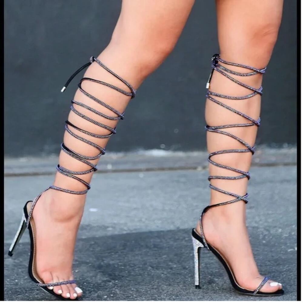NWT Fashion Nova 8.5 Black Coming in Hot Rhinestone Heeled Sandal Lace up Party